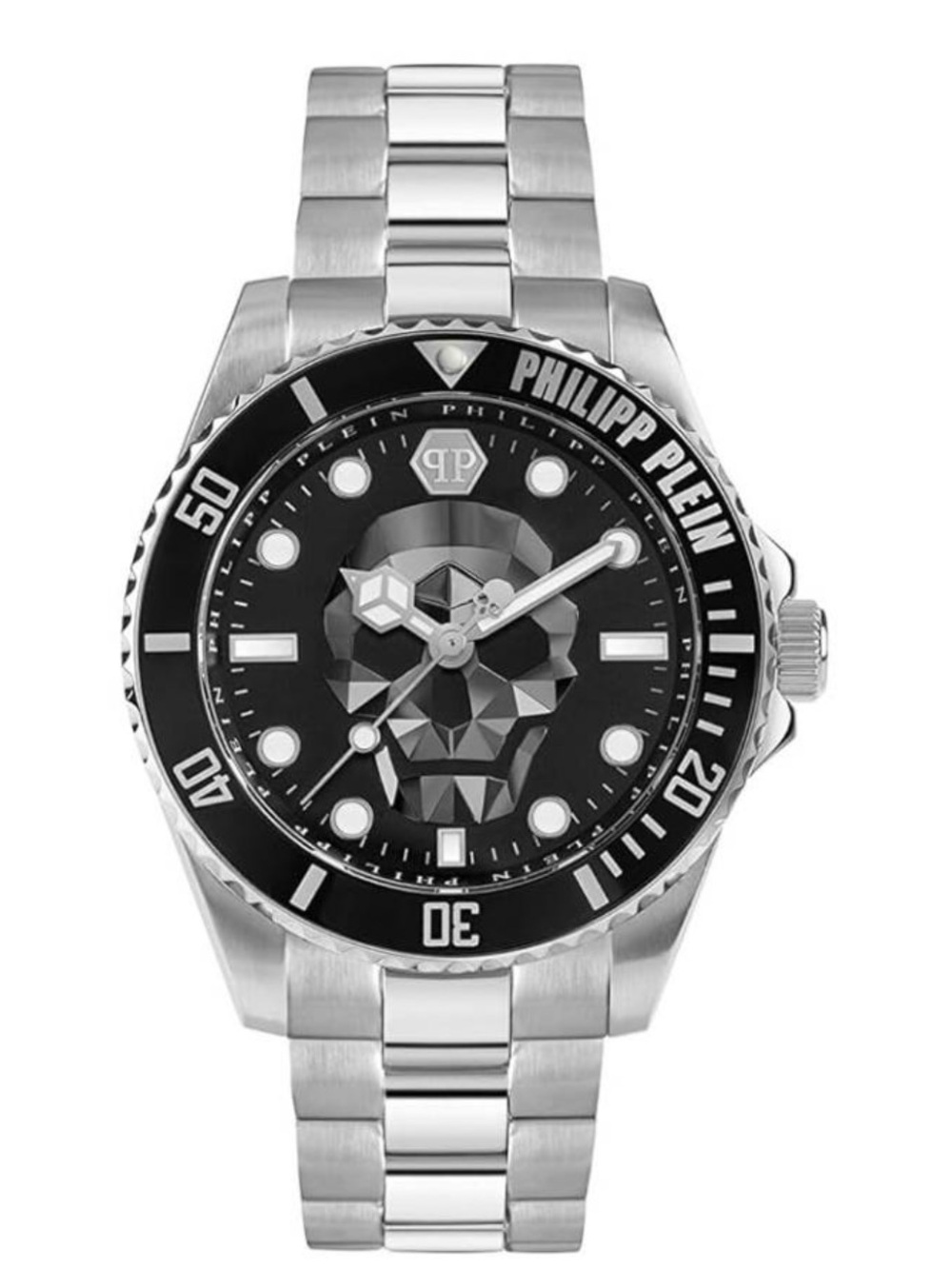 Philipp Plein Men's Silver Stainless Steel Watch with Black Dial and Skull